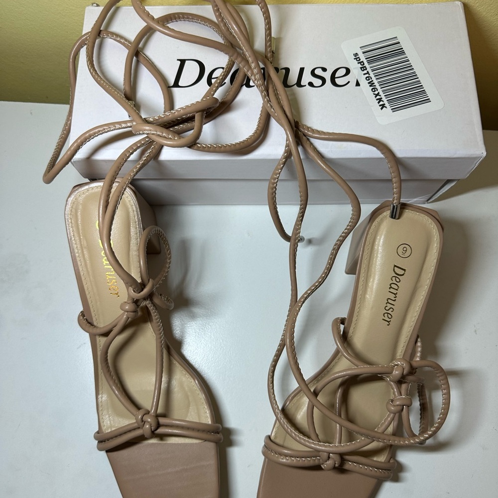 Nude Lace-up Block Heels